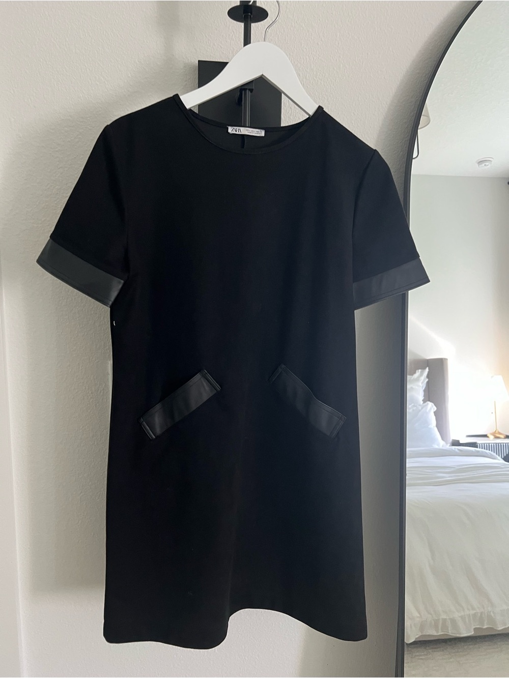 Zara Black Short-Sleeve Shift Dress with Faux-Leather Trim